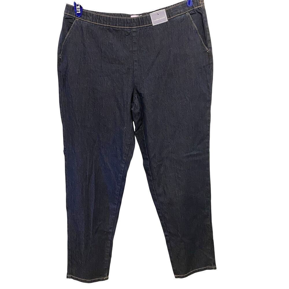 LauraScott Women 16W Comfort ElasticWaist Denim Pullon Pant FullLength DarkBlue